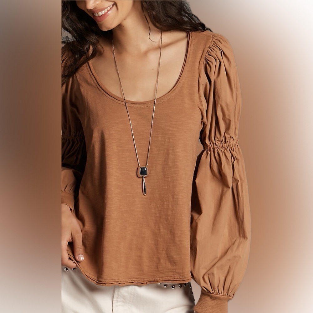 Pilcro Anthropologie Banded Puff Sleeve Cotton Peasant Cottage Top M Clay Brown